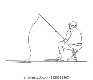 Um desenho contínuo de uma linha do homem pescando no lago. Pescador joga um gancho na ilustração de contorno simples. Vetor de linha editável