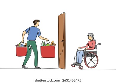 Continuous one line drawing a man carrying 2 grocery bags and give them to grandmother. Helping sincerely. National Do Something Good for Your Neighbor Day. Single line draw design vector illustration