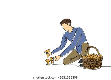 Continuous one line drawing a man picking mushrooms and a rattan basket full of mushrooms. It will be a very delicious dish. National Mushroom Hunting Day. Single line draw design vector illustration