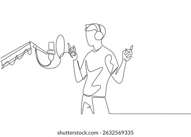 Continuous one line drawing a man standing in front of a standing mic using headphones is singing. Future star singer discovered. National Sing Out Day. Single line draw design vector illustration
