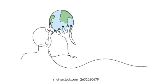 Uma Linha Contínua Desenhando O Homem Levantando A Terra. Responsabilidade global Salve o Planeta. Herói da Ecologia.