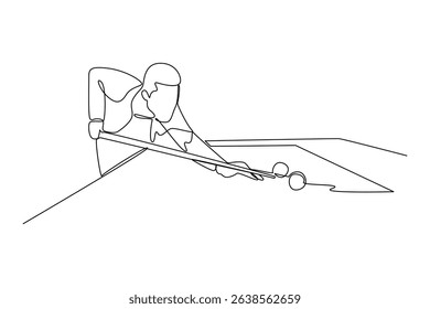 Continuous one line drawing of a man playing billiard alone. Entertainment activity minimalist concept. Entertainment area.