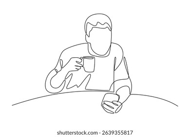 Continuous one line drawing of man enjoying food court food. Food corner minimalist concept. Food and drink.