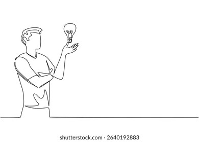 Continuous one line drawing a man raises and opens palm with lightbulb floating above palm. Measuring the best ideas to implement. National Creativity Day. Single line draw design vector illustration