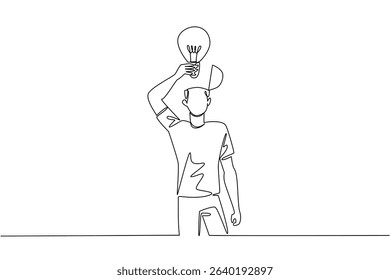 Continuous one line drawing a man with head uncover and lifts a lightbulb above his head. Bringing out the best brilliant ideas. National Creativity Day. Single line draw design vector illustration