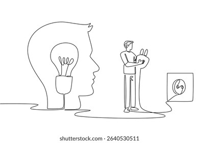 Continuous one line drawing a man stands in front of silhouette of head holds cable and plugs into socket. Strengthen memory. National Creativity Day. Single line draw design vector illustration