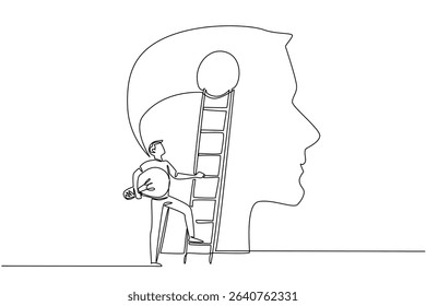 Continuous one line drawing a man carrying lightbulb wants to climb ladder attached to big head silhouette. Patching new ideas. National Creativity Day. Single line draw design vector illustration