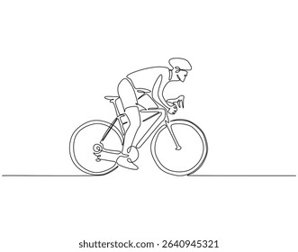 Continuous one line drawing of man riding bicycle. One line drawing illustration of athlete cycling. Sport, speed concept single line. Editable outline
