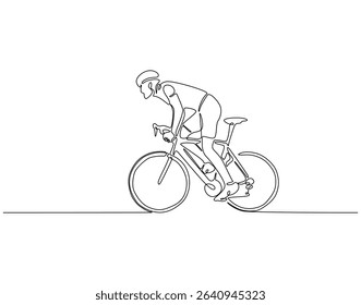 Continuous one line drawing of man riding bicycle. One line drawing illustration of athlete cycling. Sport, speed concept single line. Editable outline