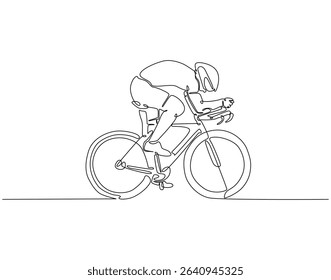 Continuous one line drawing of man riding bicycle. One line drawing illustration of athlete cycling. Sport, speed concept single line. Editable outline