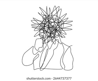 Continuous one line drawing of a man with confused feelings worried about bad mental health. Problems, stress, sad and depression concept in doodle style. Hand drawn one line vector. Editable stroke
