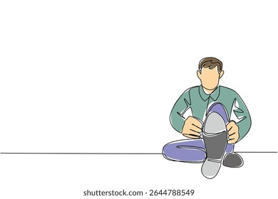 Continuous one line drawing a man wearing tap dance shoes sitting with his legs stretched out. Preparation for entering dance class. National Tap Dance Day. Single line draw design vector illustration