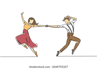 Continuous one line drawing man and woman in retro vintage clothes dancing lindy hop and holding hands. Performance full of dedication. World Lindy Hop Day. Single line draw design vector illustration