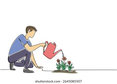 Continuous one line drawing a man squats and waters flowering plants with a watering can. New hobby for the weekend. Gardening. National Water a Flower Day. Single line draw design vector illustration