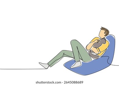 Continuous one line drawing a man in casual clothes sits on a sofa on the floor hugging a cat. Joke. Play. Relax. Happiness. International Hug Your Cat Day. Single line draw design vector illustration