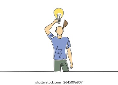 Continuous one line drawing a man with head uncover and lifts a lightbulb above his head. Bringing out the best brilliant ideas. National Creativity Day. Single line draw design vector illustration