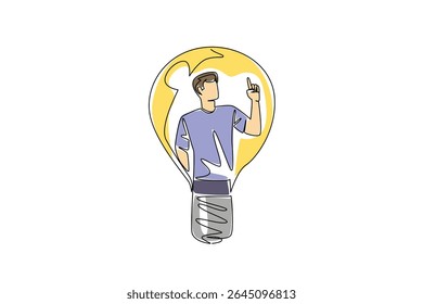 Continuous one line drawing a man in casual clothes with gestures got an idea in a lightbulb. Getting ideas at the right time. National Creativity Day. Single line draw design vector illustration