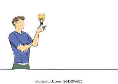 Uma linha contínua desenhando um homem levanta e abre a palma da mão com a lâmpada flutuando acima da palma da mão. Medir as melhores ideias a implementar. Dia Nacional da Criatividade. Ilustração de vetor de design de desenho de linha única