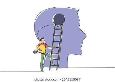 Continuous one line drawing a man carrying lightbulb wants to climb ladder attached to big head silhouette. Patching new ideas. National Creativity Day. Single line draw design vector illustration