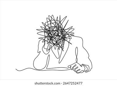 Continuous one line drawing of a man with confused feelings worried about bad mental health. Problems, stress, sad and depression concept in doodle style. Hand drawn one line vector. Editable stroke