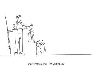 Uma linha contínua desenhando um homem usa macacão e chapéu mantém vara de pesca e peixe e balde cheio de peixe. O resultado da persistência. Pescador Segurar Peixe. Ilustração de vetor de design de desenho de linha única
