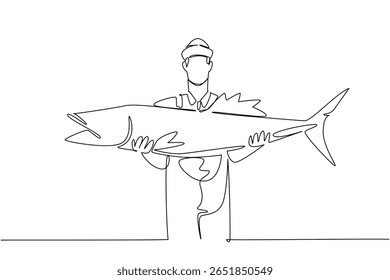 Uma linha contínua desenhando um homem usando um macacão e chapéu segurando um peixe grande. Muito satisfatório pegar. Peixe marinho rico em proteínas. Trabalho. Pescador Segurar Peixe. Ilustração de vetor de design de desenho de linha única