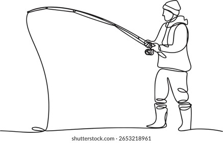 Continuous one line drawing of man fishing in lake with casting hook in minimalist outline vector style

