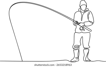 Continuous one line drawing of man fishing in lake with casting hook in minimalist outline vector style

