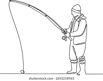 Continuous one line drawing of man fishing in lake with casting hook in minimalist outline vector style

