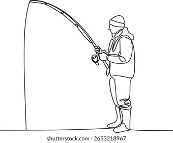 Continuous one line drawing of man fishing in lake with casting hook in minimalist outline vector style

