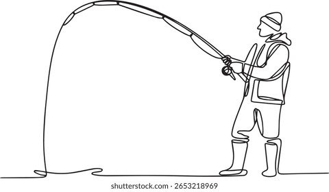 Continuous one line drawing of man fishing in lake with casting hook in minimalist outline vector style

