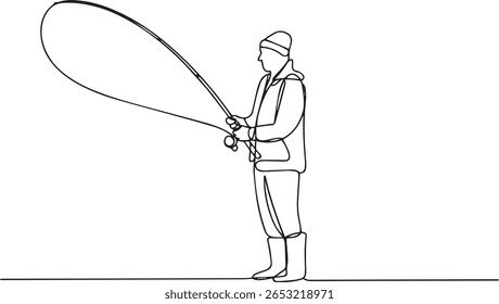 Continuous one line drawing of man fishing in lake with casting hook in minimalist outline vector style

