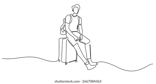 Continuous one line drawing of man sitting on travel luggage. Minimalist vector illustration of traveler resting on suitcase, waiting at airport, travel and holiday concept in modern line art.