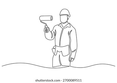 Continuous one line drawing of Man with protective helmet hold paint roller. Single line drawing illustration of Young guy with paint roller. Working man concept vector art. Doodle line illustration.