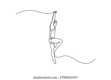 Continuous one line draw man diving athlete salto mid-air em gracioso, uma perna decolagem com braços estendidos, equilíbrio, movimento fluido antes do mergulho. Ilustração gráfica vetorial de design de desenho de linha única