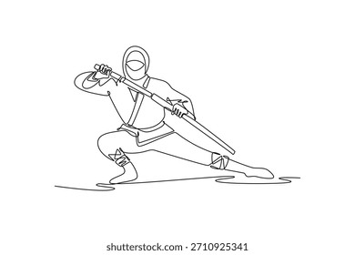 Continuous one line drawing man ninja in mask posed in deep bow stance, holding staff horizontally in ready guard, illustrating stealth and focused. Single line draw design vector graphic illustration