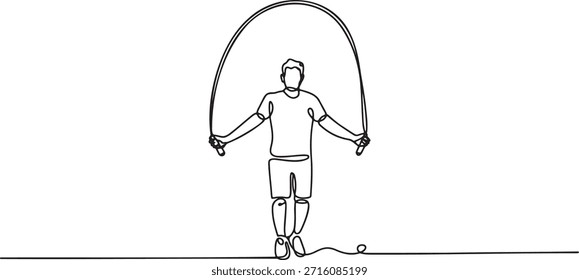 Kontinuierliche einzeilige Zeichnung von Mann Springseil für die Übung. Einzeilige Kunst der Person überspringen Seil, Fitness und gesunde Lifestyle-Konzept. Sportliche Aktivität mit Springseil für Cardio-Training. Minimalistische Darstellung einer männlichen Figur, die sich körperlich betätigt.
