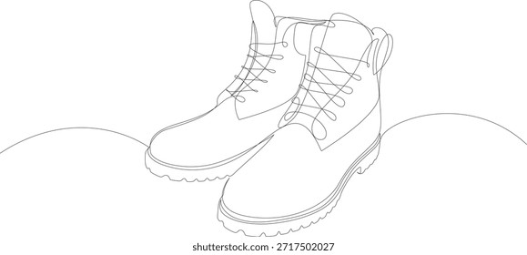 Desenho contínuo de uma linha de botas de homem. Bota de couro de arte de linha única para caminhadas de inverno ou outono. Ilustração vetorial, traçado editável.