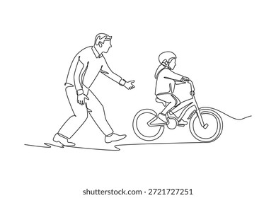 Continua una línea de dibujo hombre padre ayudando a niña hija en bicicleta. Padre que asiste al niño que lleva el casco durante el primer paseo en bicicleta al aire libre. Ilustración gráfica de Vector de diseño de línea única