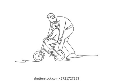 Kontinuierlich eine Linie zeichnen Mann Vater hilft seiner Tochter Kind auf dem Fahrrad. Eltern, die Kinder während der Familienparkzeit durch eine Fahrradfahrstunde führen. Vektorgrafik mit einfarbiger Zeichnung