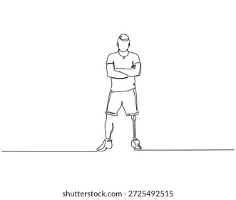 Desenho contínuo de uma linha do homem com perna protética. Ilustração de desenho de uma linha do esportista usa perna protética. Tecnologia de assistência sob um conceito de saúde de linha única. Estrutura de tópicos editável