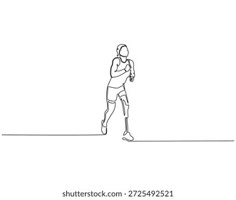 Dibujo continuo de una línea de hombre con pierna protésica. Ilustración de dibujo de una línea de deportista con pierna protésica. Tecnología asistida bajo un concepto de salud de línea única. Esquema editable