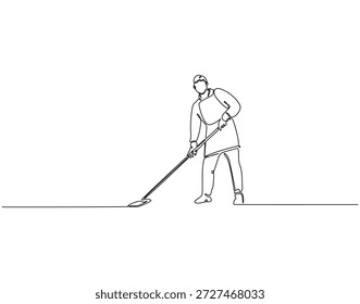 Dibujo continuo de una línea del suelo de fregado del hombre. Ilustración de dibujo de una línea de hombre de limpieza con fregona. Concepto de limpieza de una sola línea. Esquema editable