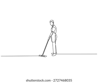 Dibujo continuo de una línea del suelo de fregado del hombre. Ilustración de dibujo de una línea de hombre de limpieza con fregona. Concepto de limpieza de una sola línea. Esquema editable