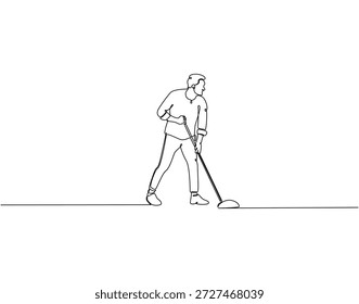 Kontinuierliche einzeilige Zeichnung des Mannwischbodens. Eine Linie Zeichnung Illustration der Reinigung Mann mit Mopp. Reinigungskonzept einzeilig. Bearbeitbare Gliederung