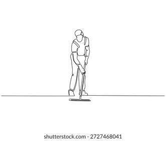 Dibujo continuo de una línea del suelo de fregado del hombre. Ilustración de dibujo de una línea de hombre de limpieza con fregona. Concepto de limpieza de una sola línea. Esquema editable