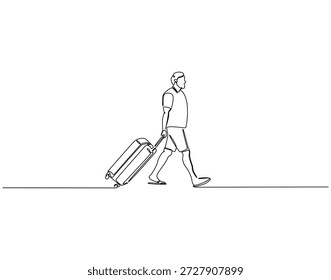 Continuous one line drawing of man holding luggage bag. One line drawing illustration of traveler with suitcase. Traveling, trip concept single line. Editable outline 
