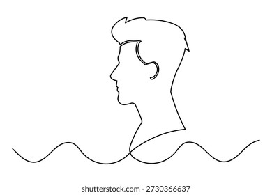 Dibujo continuo de una línea de un perfil de cara de hombre sobre fondo de línea ondulada