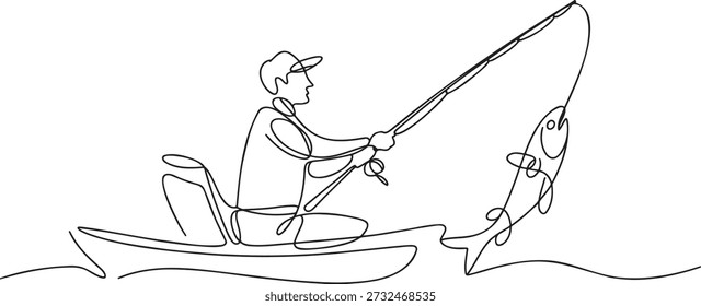 Continuous one line drawing of man fishing from boat with a big fish jumping out of water on transparent background. Recreational activity and outdoor sport. Simple minimalist design for hobby and adventure themes.