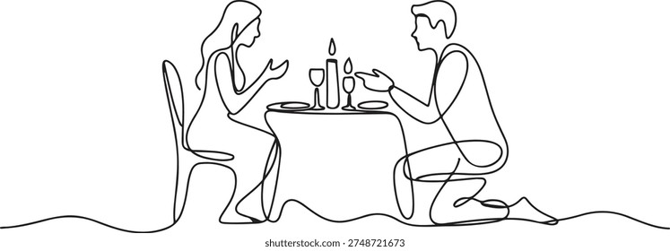 Continuous one line drawing a man invites his woman to a romantic dinner. The atmosphere is conducive to proposing to the sweetheart. one line Icon drawing
